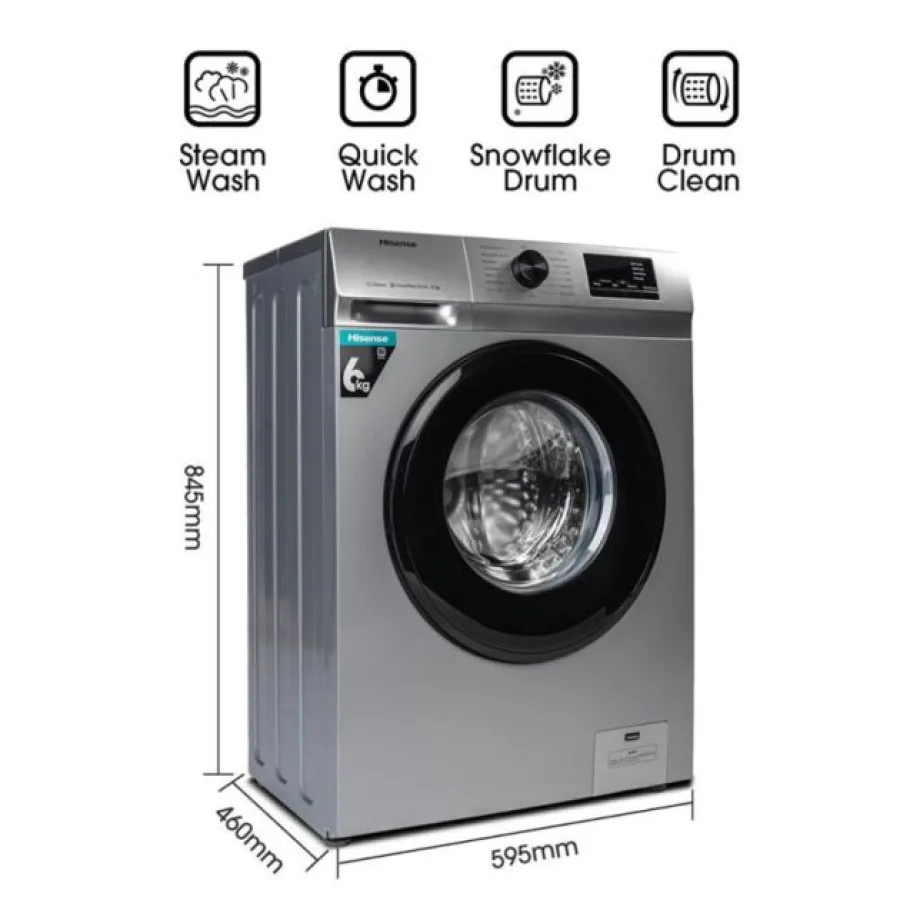 Hisense Machine à laver automatique de 6,0 kg , argent, lavage à la vapeur, chauffage intégré, argent